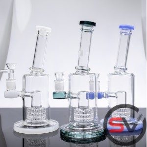 ANGLED NECK TWO CLEAR RINGS GLASS WATER PIPE WITH ROUND BASE 10inch